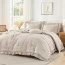 Andency Tan Gingham Ruffle Comforter Cal King(104x96Inch), 3 Pieces(1 Ruffled Comforter and 2 Pillowcases) Solid Farmhouse Shabby Chic Bed, Vintage Rustic Soft Polyester Bedding Set