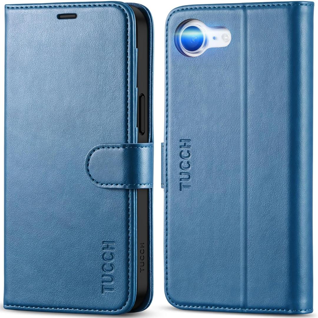 TUCCH Wallet Case for iPhone 17e, Case for iPhone 16e, Magnetic PU Leather Kickstand Flip Cover 4 Card Slot Shockproof TPU Inner Shell, [RFID Blocking] Folio Cover for iPhone 17e/16e 6.1", Light Blue