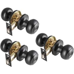 3 Pack Black Door Knobs Interior Keyless, Door Knobs for Bathroom & Bedroom, Matte Black Privacy Door Knob with Turn Lock