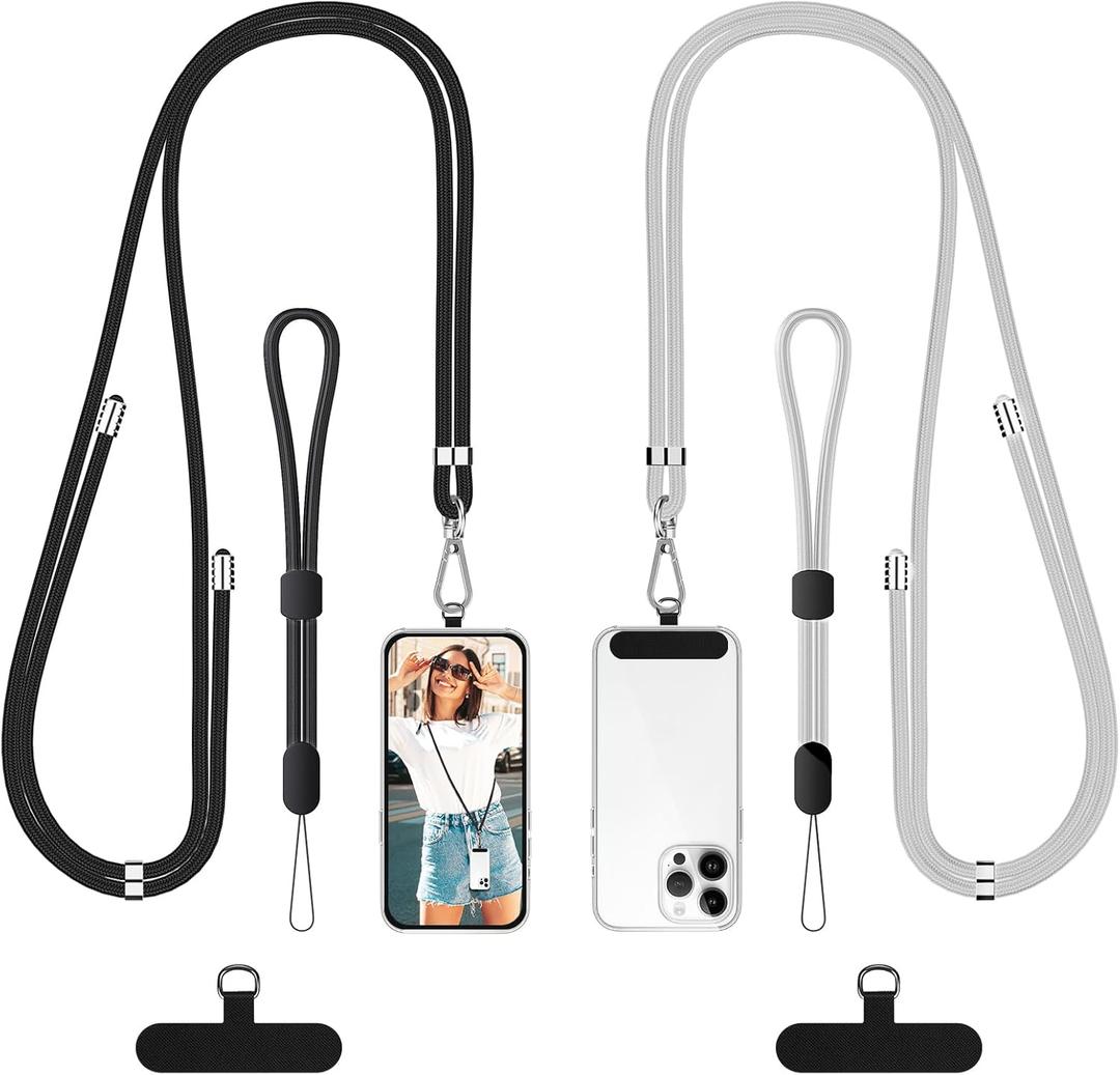SS Cell Phone Lanyard, 2 Pack Adjustable Phone Lanyard Crossbody Neck Strap & 2 Phone Wrist Strap with 2 Phone Tether Patches for Most Smartphones, Black Grey