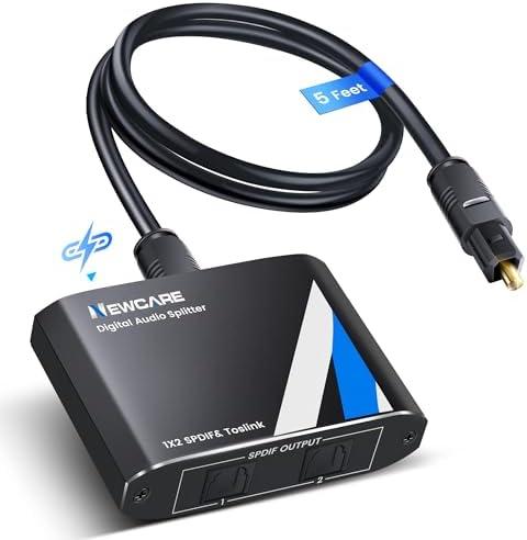 NEWCARE Digital Optical Splitter 1 in 2 Out,SPDIF Toslink Optical Audio Cable Splitter 1x2 Support LPCM2.0 Doldy Digital & DTS 5.1 for Xbox,PS4,PS5,DVD,TV Box,Home Theatre, Receiver,Sound Bar