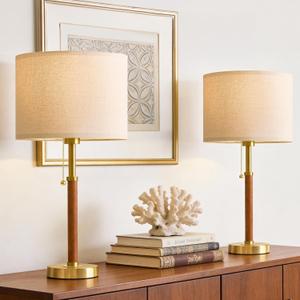 G-SAFAVA 22" Wood Table Lamps Mid Century Modern Lamp for Bedroom Living Room Bedside Lamps for Night Stands Nightstand Lamp with Pull Chain Gold Small Side End Table Lamps Set of 2 Vintage Deco Gifts