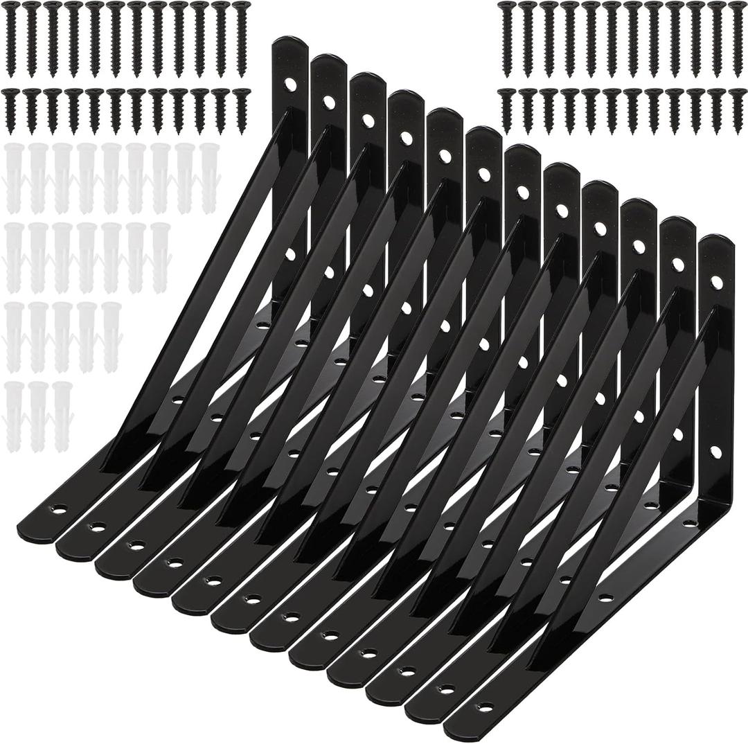 Hiceeden 12 Pack Heavy Duty Shelf Brackets, 8 in x 5 in Wall Mount Steel L Shelf Bracket, Angle Brackets for Floating Shelves, Black Metal Powder-Coated