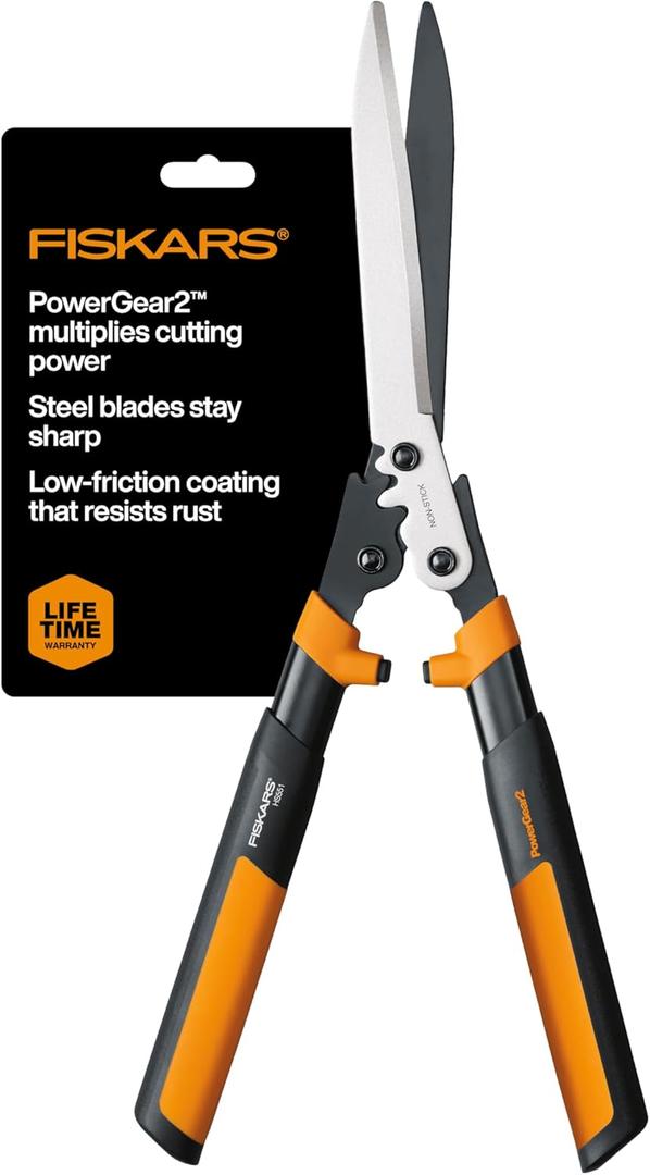 Fiskars 23-Inch Hedge Shears, Bush Trimmer with PowerGear2 Technology that Multiplies Power for Less Effort, SoftGrip Handles with Shock-Absorbing Bumpers
