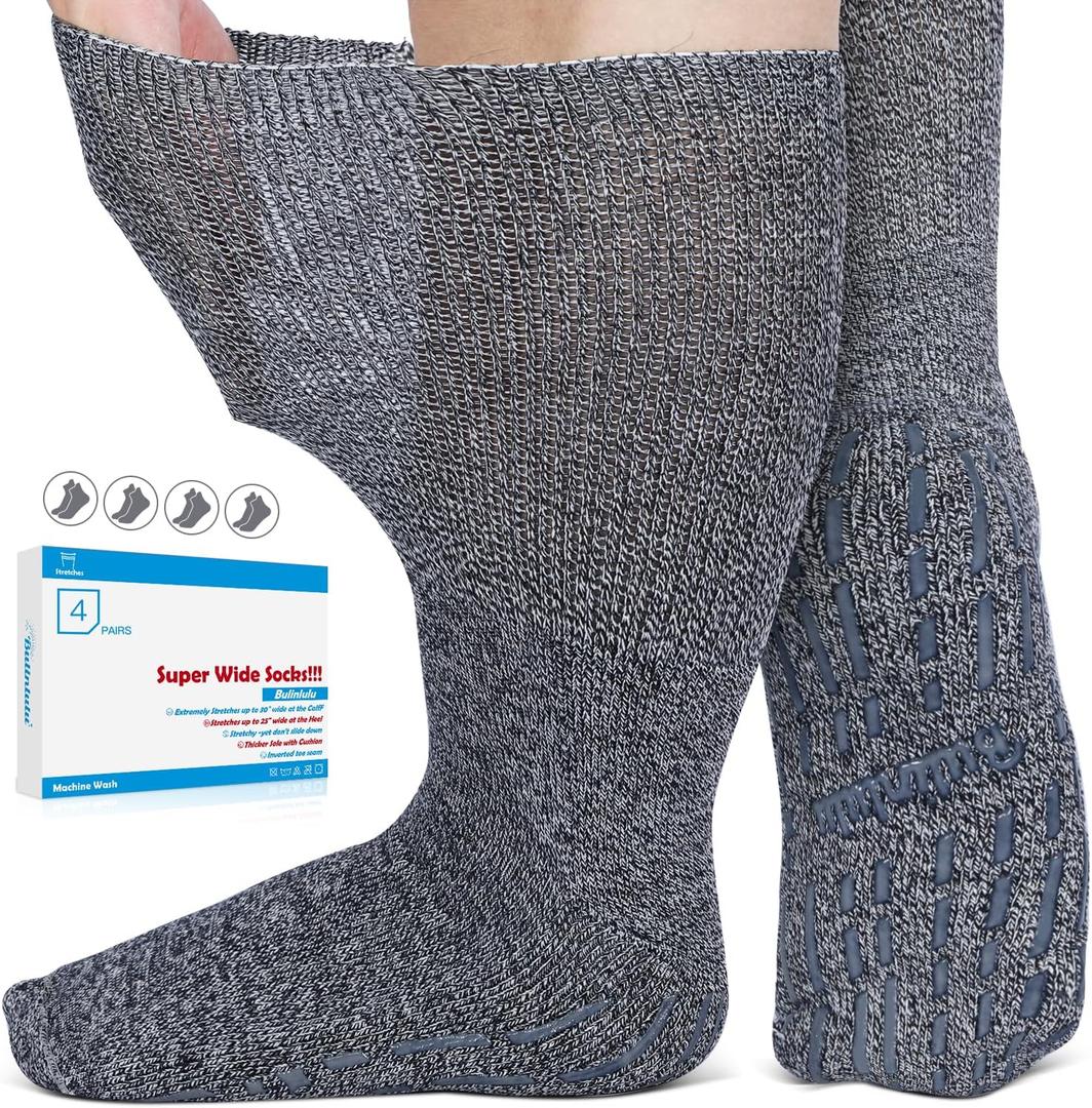 Bulinlulu Extra Width Diabetic Socks Men Women-4 Pairs Wide Edema Sock for Swollen Feet,Non Slip Cast Bariatric Socks 13-15 (Navy Blue)