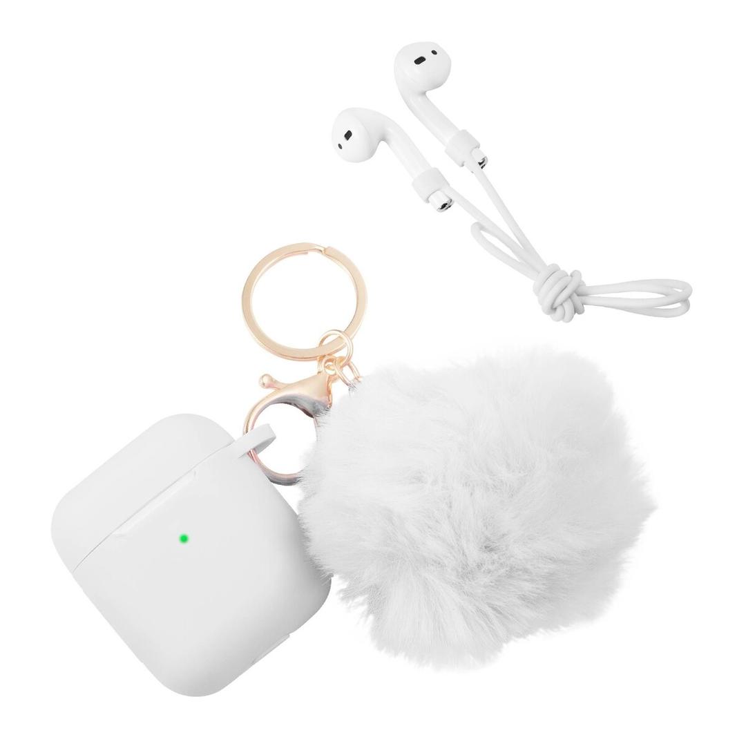 Fluffy Pom Pom Silicone Soft Touch Skin Case Cover For Airpods 1 / 2, White