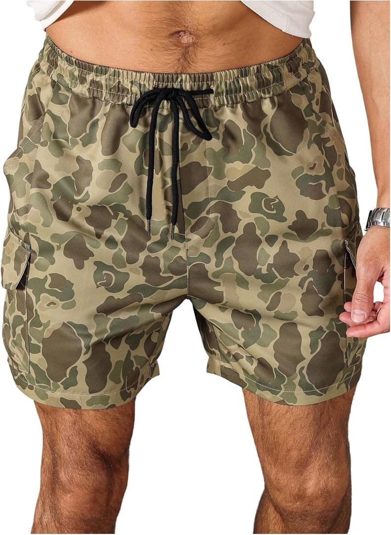 Men's Camo Cargo Track Shorts Drawstring Waist Wide Leg Workout Shorts with Pockets Streetwear (Green, M)