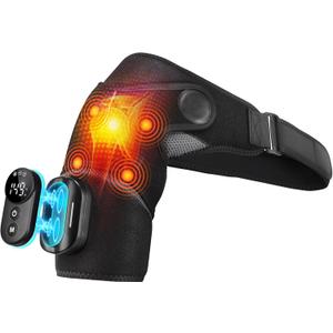 Cordless Shoulder Heating Pad with Massage, Heated Shoulder Wrap, Detachable Magnetic Controller Heated Shoulder Brace for Pain Relief with 5 Heats and Vibration Modes (Black)