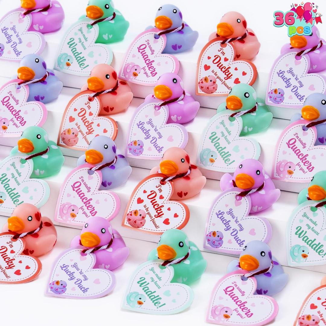 JOYIN 36 Pcs Valentines Day Mini Rubber Ducks with Cards for Kids, 4 Colors Duckies Bath Toys with 4 Card Designs for Classroom Exchange Prizes, Valentine Party Favors Toys