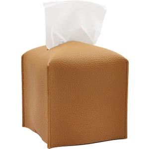 Tissue Box Cover PU Leather Tissue Holder Square with Bottom Belt Facial Paper Organizer Dispenser for Table Top, Bathroom, Car, Camel