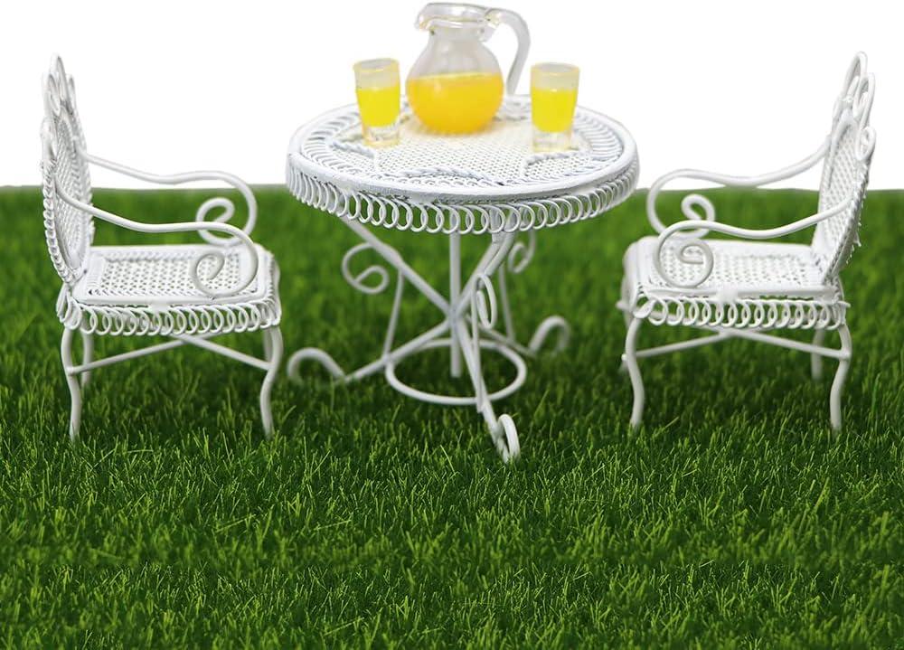 Dollhouse Miniature Bistro Table & Chairs Set Accessories Metal 1:12 Scale Miniatures White Coffee/Tea Furniture Fairy Garden Cute Rustic Elegant Decorations Ornaments