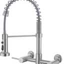 Wall Mount Kitchen Faucet, 8 Inch Center Wall Mount Kitchen Sink Faucet with Pull Down Sprayer Commercial, Brushed Nickel