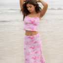 Women High Stretchy Adjustable Strap Backless Floral Two Piece Maxi Skirt Set Summer Outfits 2026 (Pink, S)
