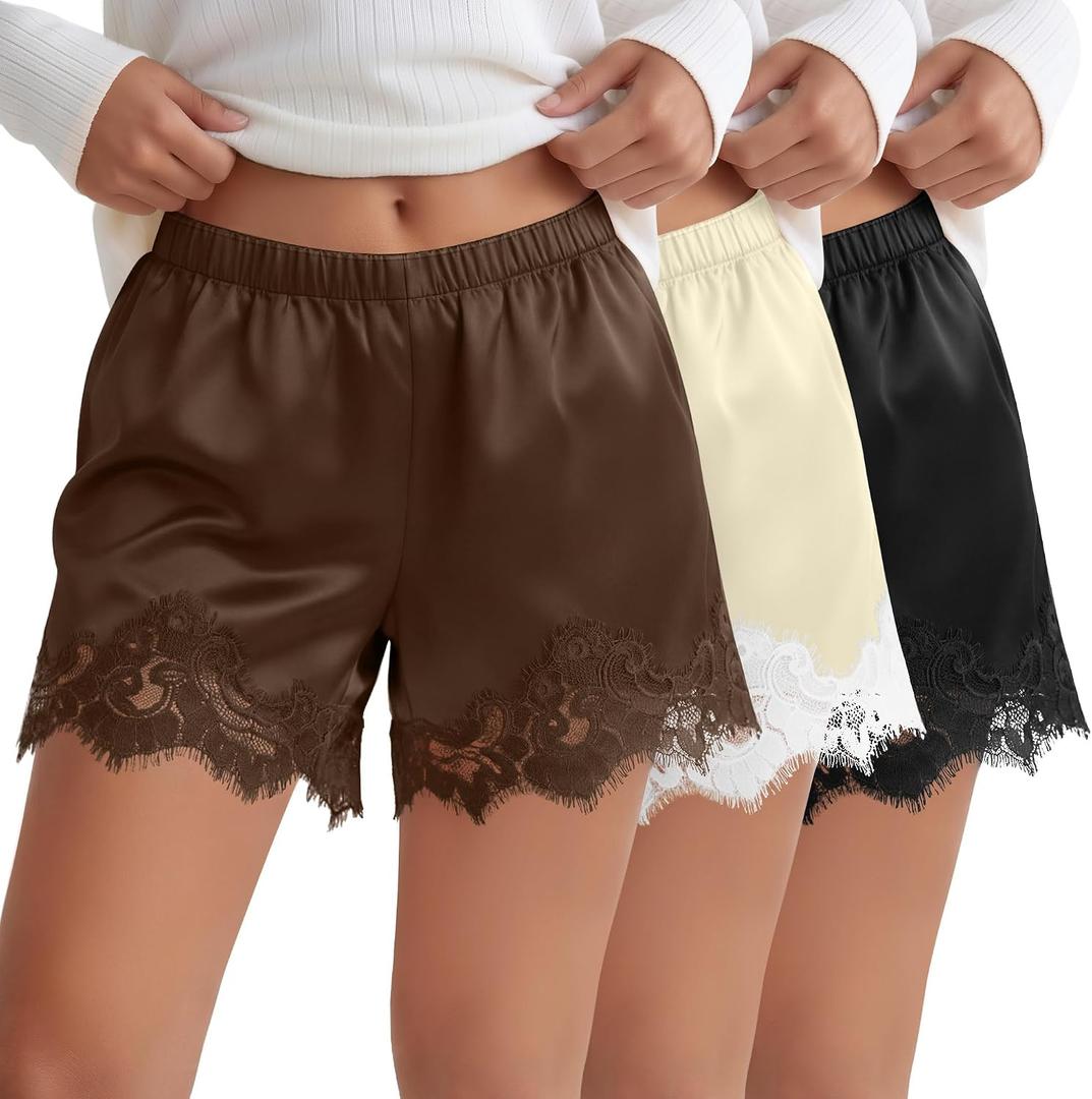 Xaatren 3 Pack Women's Lace Trim Shorts Satin Silk Lounge Shorts Micro Mini Y2k Pettipants Sleep Bottoms Half Slip Pj Pants Black, Brown, Cream XXL 