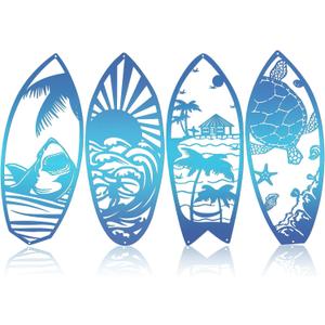 4Pcs Metal Surf Board Wall Decor Summer Surfboard Beach Signs Shark Palm Tree Wall Art Tropical Wall Decor Hanging Coastal Wall Decor Sea Turtle Wall Decoration for Wall Door (Blue)