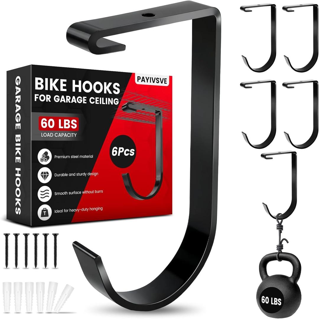 Bike Hooks for Garage Ceiling Mount Rack, Add on Storage Flat Hook Accessory Overhead Garage Hooks for Ceiling Rack and Wall Shelving(6 Pack)