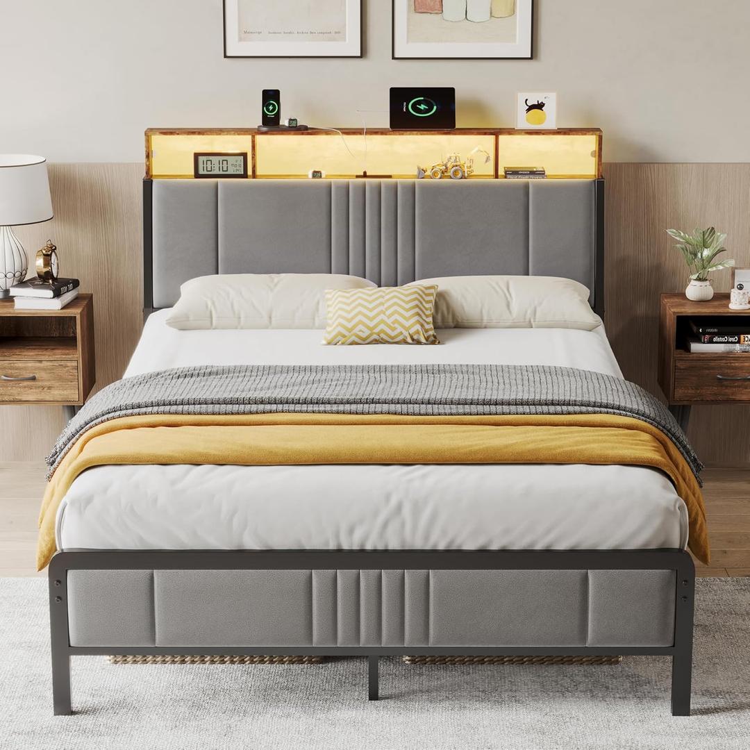 BedsPick Full Size Bed Frame with Ergonomic Headboard, Upholstered Metal Platform Bed Full with 2-Tier Storage, Charging Station, Smart LED Lights, Easy Assembly, No Box Spring Needed, Gray 