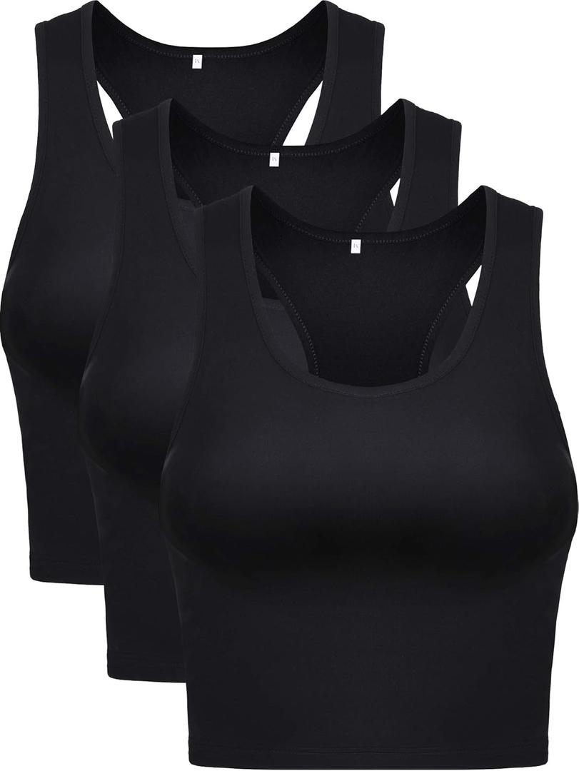 3 Pieces Crop Tops for Women, Workout Tops Basic Cropped Tank Tops Sleeveless Racerback Sports Gym Crop Tank for Teen Girls (Large, Black)
