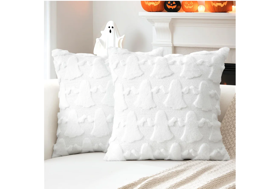 OTOSTAR Set of 2 Ghost Pillow Covers Halloween Throw Pillow Covers for Sofa Couch Bed Living Room Soft Plush Short Wool Velvet Farmhouse Throw Pillow Covers for Thanksgiving Pure White 12x20 Inch