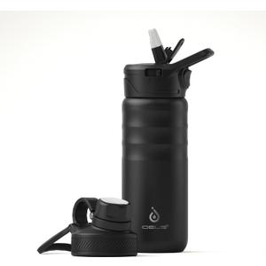 IDEUS Insulated Stainless Steel Water Bottle with 2 Leak-Proof Lids, Thermal Water Flask for Hiking Biking, 18oz, Black