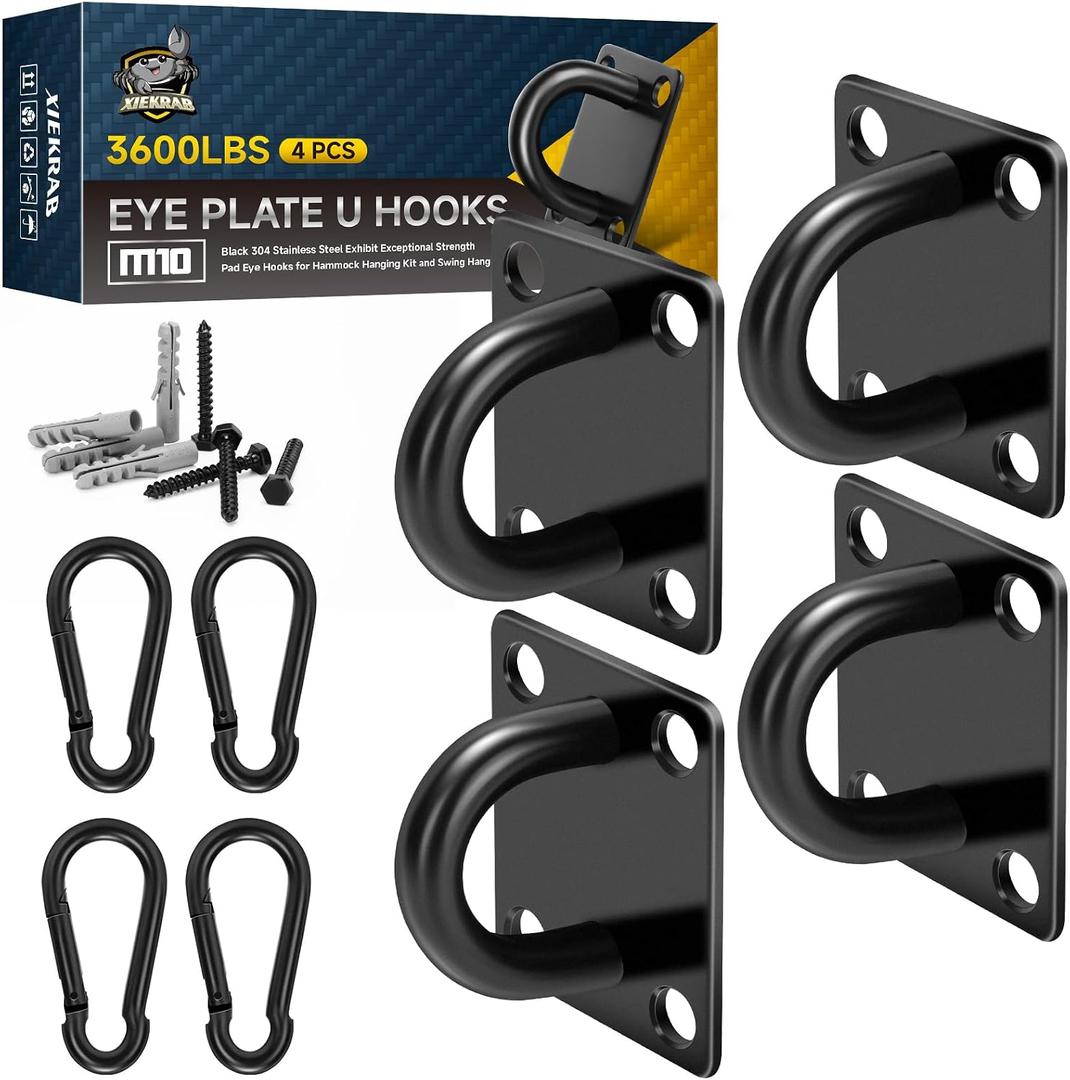 Stainless Steel Heavy Duty Ceiling Hooks 4-Pack, M10 Pad Eye Hook with Snap Hooks, Eye Hooks Heavy Duty Mounting Plate, Swing Hooks for Indoor/Outdoor Use with Screws & Expansion Tubes