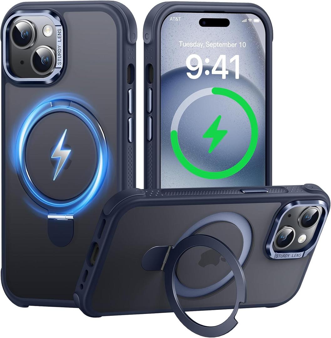 Case for iPhone 15 Plus/14 Plus, with Invisible Magnetic Stand, Mil-Grade Drop Protection, Non-Slip, Anti Fingerprint Anti Scratch, Shockproof Matte Phone Case (Navy Blue)
