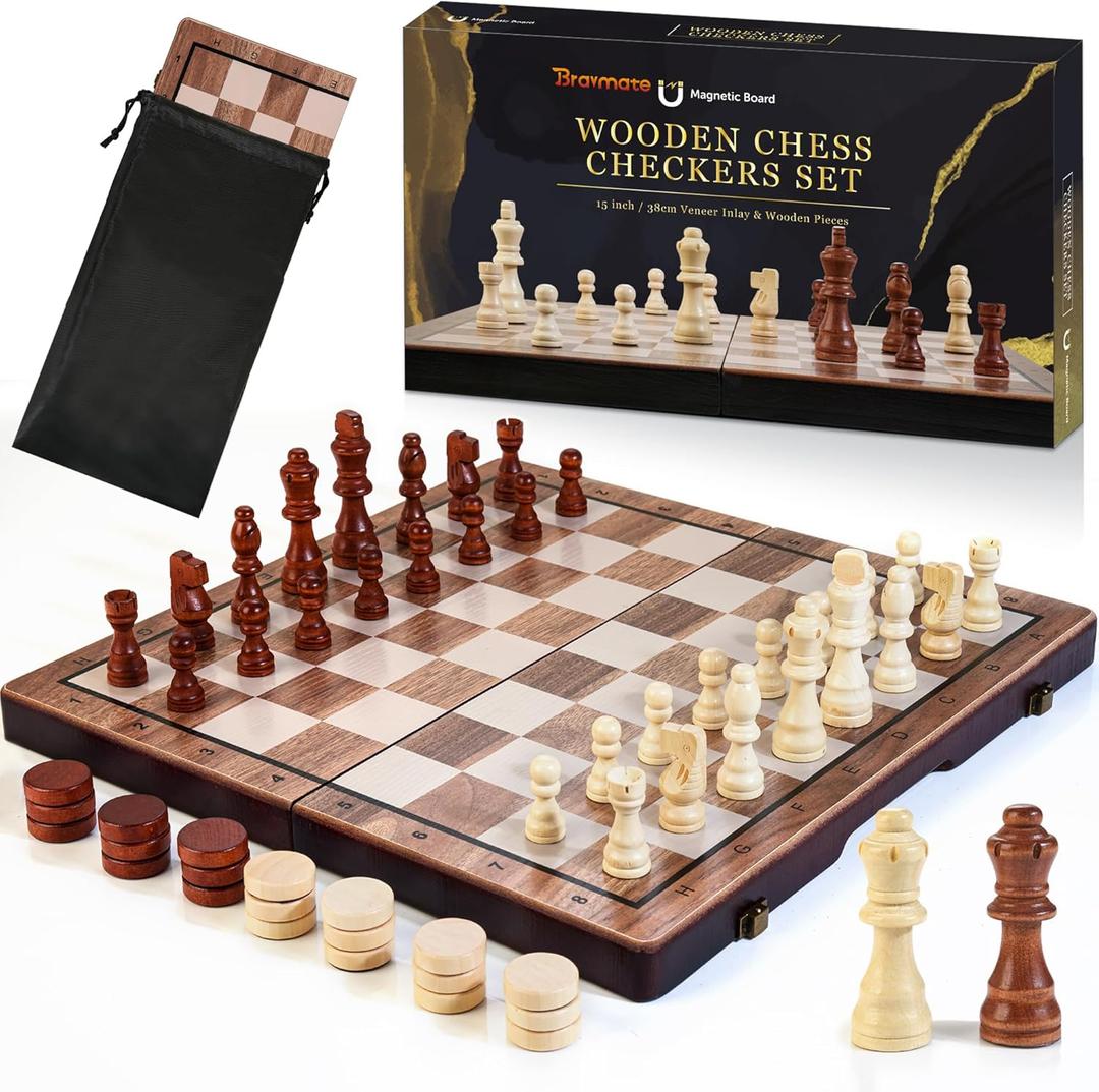 2 in 1 Magnetic Wooden Chess Set & Checkers Board Game, 15’’ Folding Chess Board with Pieces Storage Slots, 2 Extra Queens, Portable Travel Chess Set for Kids Adults Beginner Age 3+