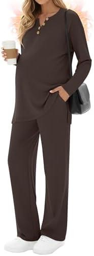 Sweetyweee 2 Piece Thermal Maternity Lounge Set Postpartum Pregnancy Fleece Loungewear Long Sleeve Top and Wide Leg Pant XL