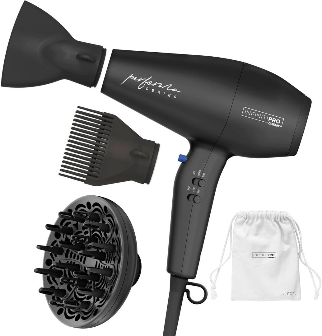 Conair Infiniti Pro Hair Dryer with Diffuser Plus 2 Other Attachments and Drawstring Storage Bag | Performa Series Hair Dryer | Blow Dryer with Professional Performance Motor | Black (1 Count( Pack of 1))