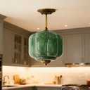 MIXL-Modern Milk Glass Ceiling Pendant Light,Semi Flush Mount Green Glass Ceiling Light Fixture,Art Deco Hallway Lighting Fixture,Antique Gold Pendant Lamp for Living Room Bedroom, 9.84 Inches