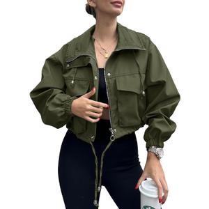 Tankaneo Womens Cropped Jacket Zip Up Lightweight Oversized Utility Anorak Coat with Pockets (Large, Army Green)