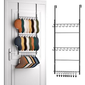 HapiRm Over Door Hat Rack - 3 Tier Wall Mounted Hat Organizer with 16 Hooks and 10 Movable Clips, Baseball Cap Organizer Storage Holds up to 26 Caps for Door, Bedroom, Closet USPTO Patent Pending (Black)