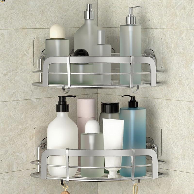 STEUGO 2 Pack Shower Caddy Corner, Bathroom Corner Shower Shelfs, Adhesive Wall Mounted Shower Caddy with 4 Movable Hooks, No Drilling Shower Shelf, Stainless Steel Silver.