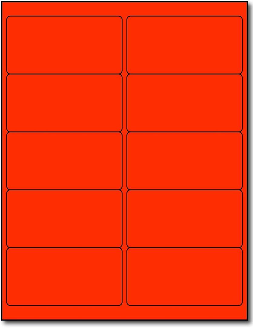 Mailing Labels - 4" x 2" Red - 10 Per Sheet - Bright Neon Color Address Stickers for High Visibility - Inkjet/Laser - 25 Sheets / 250 Labels