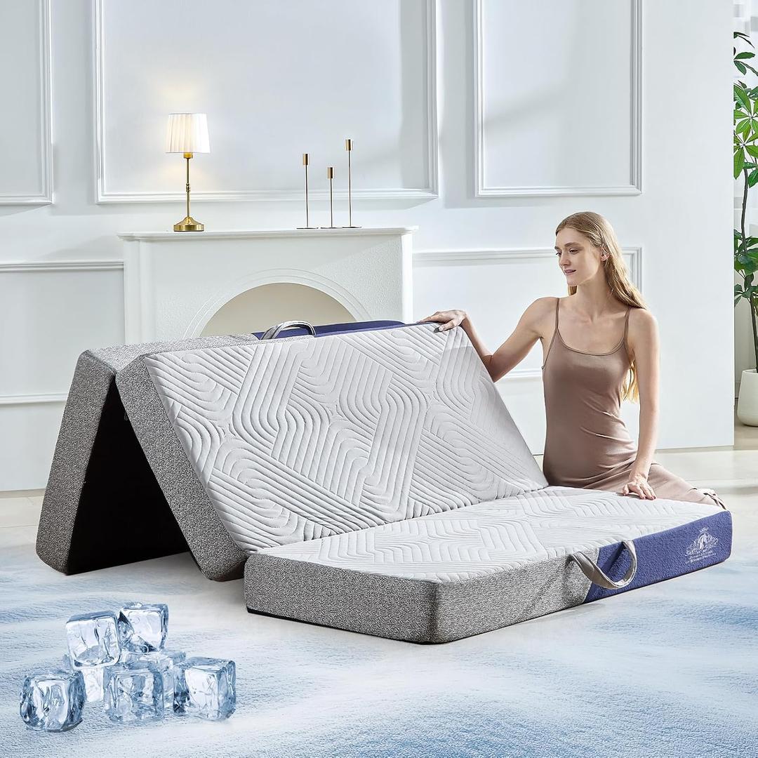 Foldable Mattress Queen Size, 6 Inch Cooling Folding Mattress/Topper, Breathable Absorbs Heat Fabric, Washable Trifold Memory Foam Mattress, Portable Floor Bed for Guest, Yoga, Camping