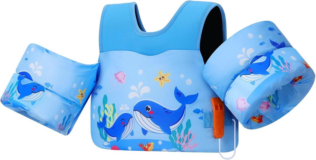 MoKo Toddler Swim Vest for Kids 13-30/20-50/22-66lbs, Swim Arm Floaties Cartoon Swimming Water Wings Pool Float Vests Sleeves Shoulder Straps Arm Band for Children Learn to Swim (Blue Squirting Whale)