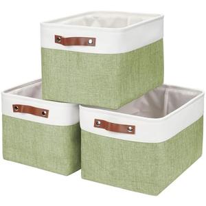 Bagnizer Storage Bins Large Fabric Storage Baskets for Shelves 3 Pack, Decorative Linen Closet Baskets with Handles for Organizing, Shelf, Clothes, Home, Office, 15x11x9.5Inches (Green&White)