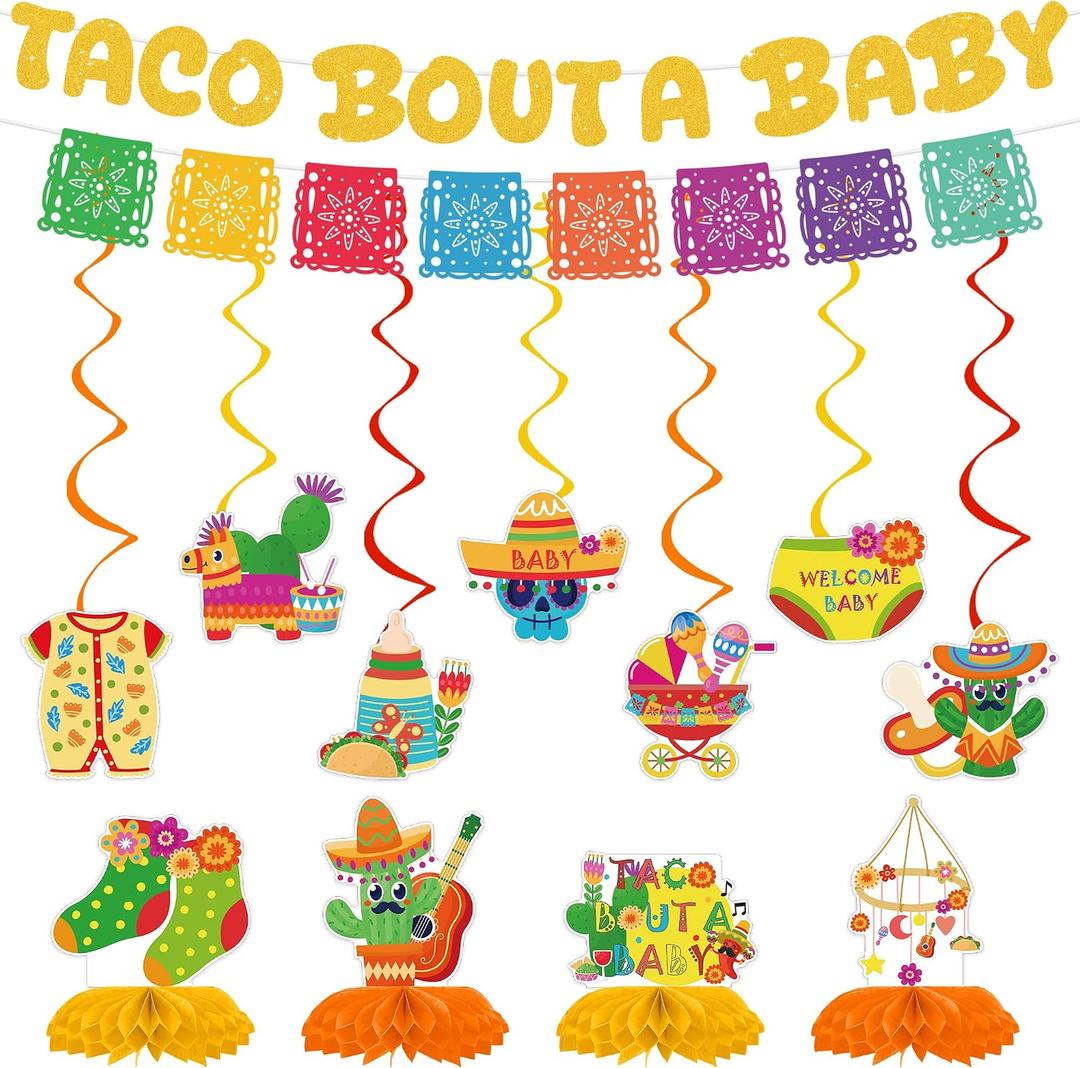 Taco Bout a Baby Shower Decorations, 13 Pcs Mexican Fiesta Party Decor with Gold Glitter Banner Hanging Swirls Honeycombs for Gender Reveal Cinco de Mayo and Fiesta Themed Parties