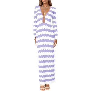 Saodimallsu Womens Crochet Summer Maxi Dress Striped Sexy Cut Out V Neck Long Sleeve Knit Cover Up Beach Dresses (Purple)