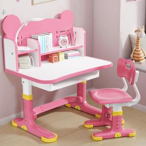 Kids Desk and Chair Set, Height Adjustable Child's School Study Writing Tables, Kids Desk with Bookstand and Storage Drawer, Widened Desktop with Desktop for Boys and Girls (Pink-F)