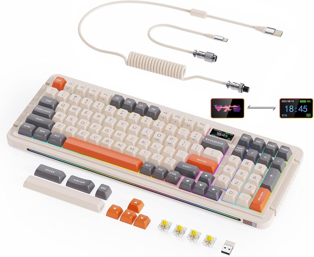 L98 Wireless Mechanical Keyboard with 1.14 TFT LCD, Hot-swappable RGB Keyboard w/Gateron G Yellow Pro Switches, Bluetooth/2.4G/Wired, Gasket Mount, PBT Keycaps, Pebble White (98 Keys)