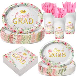 Pajean 350 Pcs Class of 2026 Floral Graduation Party Decorations 12 inch Disposable Pink Gold Floral Oval Plates Napkins Pink Heavy Duty Paper Tableware Set for 50 Guests Grad Party Supplies