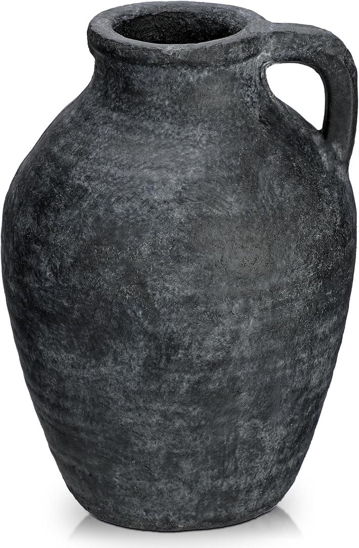 Ceramic Rustic Farmhouse Vase, 9 inch Ceramic Black Flower Vase for Centerpieces Pampas Grass Pottery Jug with Handle Boho Modern Rustic Farmhouse Decor for Living Room Kitchen Dinner Table Shelves