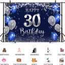 7x5ft Happy 30th Birthday Backdrop Blue Silver Balloon Flag Photography Background Glitter Dots Ribbon Men Women 30 Years Old Birthdays Party Banner Decorations Portrait Photo Booth Prop