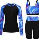 Arolina Womens Rash Guard Long Sleeve Swim Shirts Swimsuit 2025 Bathing Suit with Womens Swim Shorts & Two Pockets (Medium, Purple Ripples)