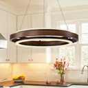 Modern Wooden LED Chandelier, 24" Dimmable Farmhouse Walnut Color Round Dining Room Light Fixtures, 2 Ring Wood Hanging Pendant Light for Kitchen Island Over Table Bedroom Office Living Room