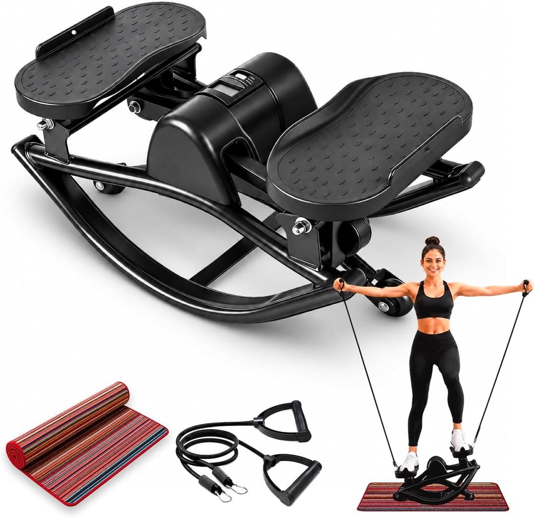 Stair Stepper, Portable Rock Stepper Side to Side at Home with Resistance Bands & Non-Slip Mat, Track Time, Calories with Digital Display for Efficient Calorie Burn, 18.9*10.63*9.06Inch (Black)
