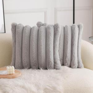 Neelvin Grey Faux Fur Cozy Soft Striped Decorative Throw Pillow Covers 24x24 inch Set of 2,Velvet Pillowcase Cushion Case for Sofa Couch (24" x 24" (Pack of 2), Stripe Lightgrey)