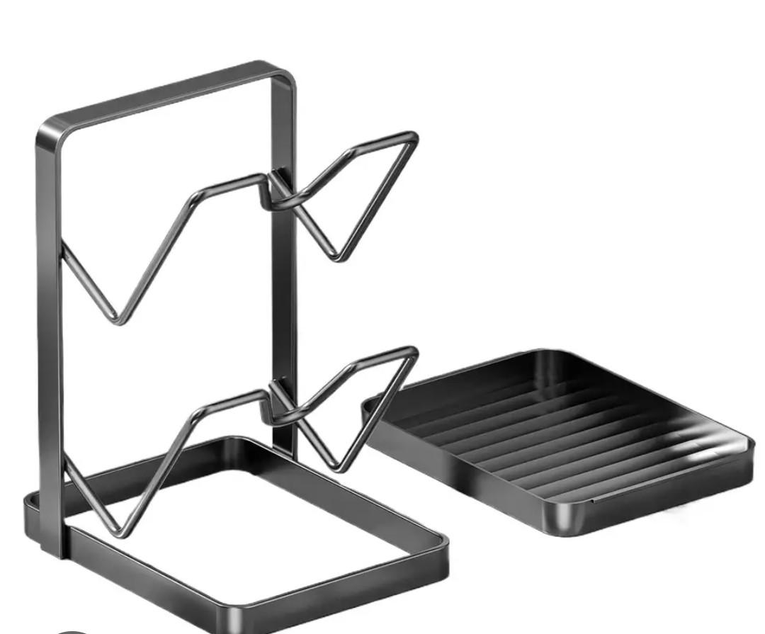 Pan Lid Organizer 2-Tier Storage Stand Lid Holder with Drip Tray for Spatula Ladle Spoon Kitchen