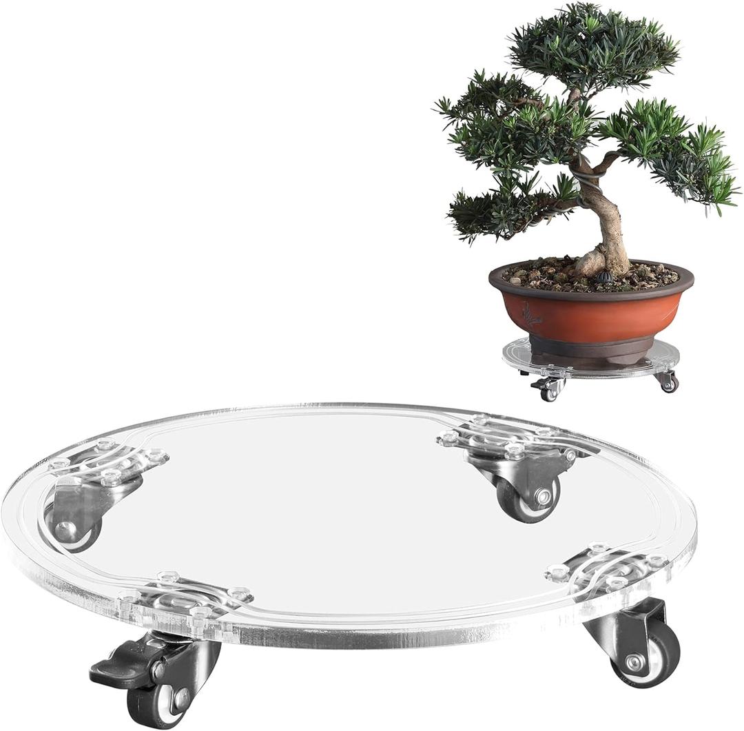 EMCOMS 1PC Plant Caddy 10inch Acrylic Heavy Duty Round Plant Stand with 2 Roller Lockable Caster Wheels, Indoor Outdoor Holds Up 150 Lbs Patio/ Flower Pot/ Dolly, Transparent